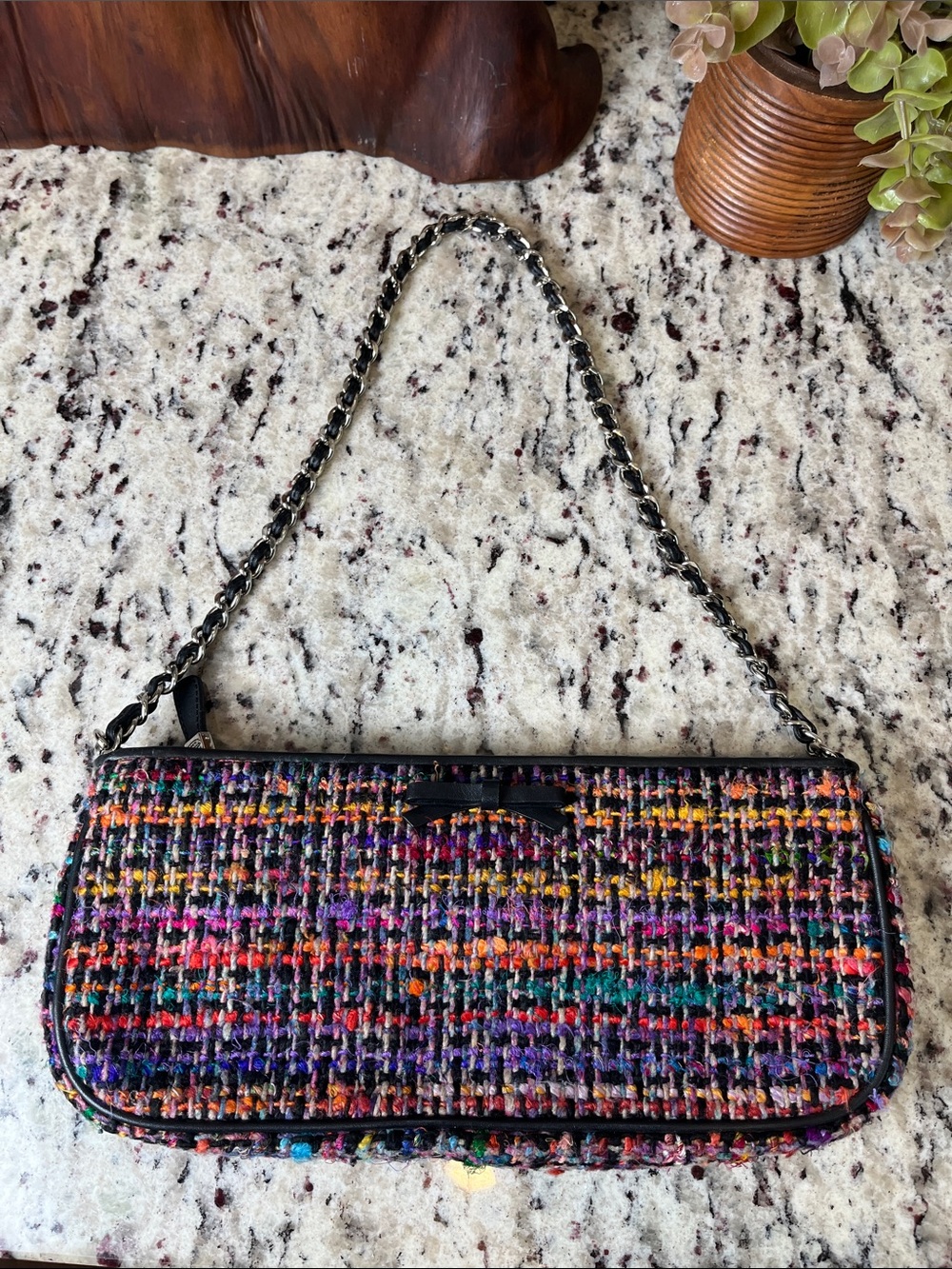 Talbots Multicolor Tweed Shoulder Bag with Black Trim & Chain - Picture 3 of 12